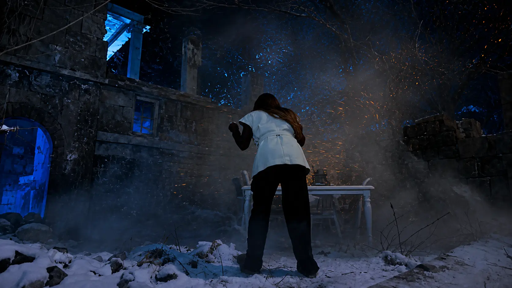 Cinematic scene from a confidential AI film production