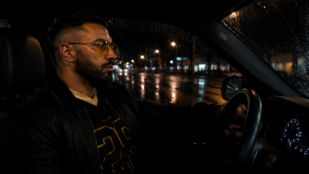 KING AI music video by Leopati: a DJ driving a black SUV, cinematic frame used for AI commercial production