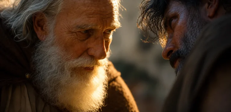 An elderly bearded man and a younger man face to face in warm light