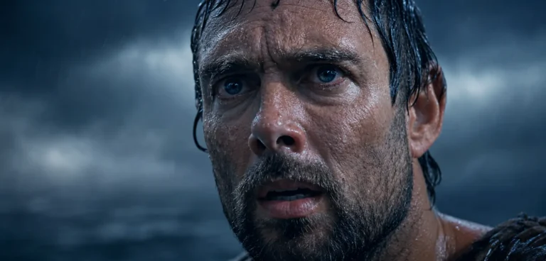 Close-up of a rain-soaked sailor looking up, from the St. Nicholas AI film