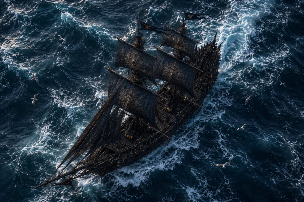 Piratenia Darmonius AI music video: galleon in a storm