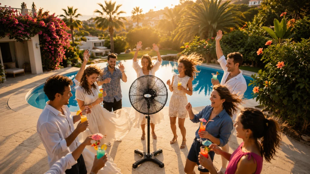 Vanti AI commercial frame: friends dance around a Vanti stand fan at a sunset pool party