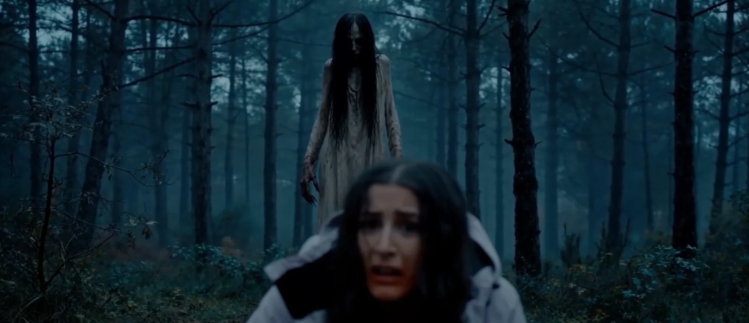 Blair Witch AI horror sequence: woman fleeing in the forest