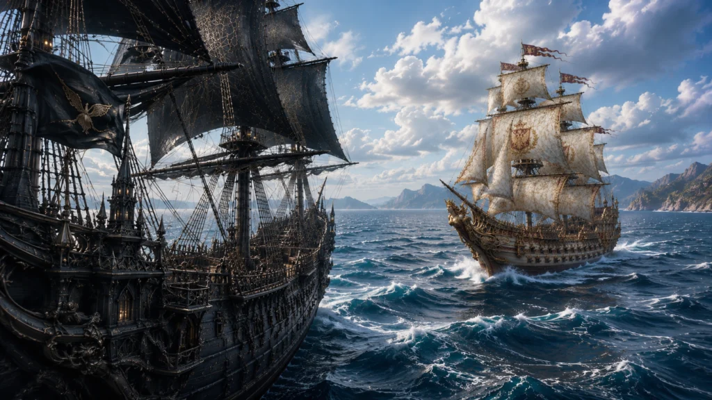 Piratenia Darmonius AI music video: two ships at sea