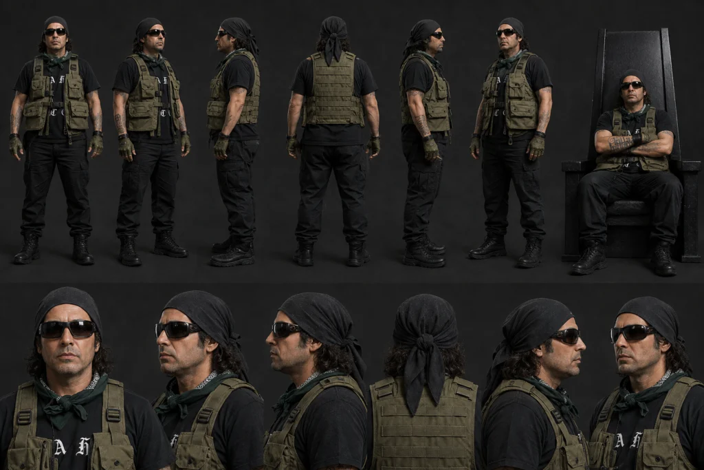 Character reference sheet showing full-body and close-up turnaround views of a man in tactical gear and sunglasses