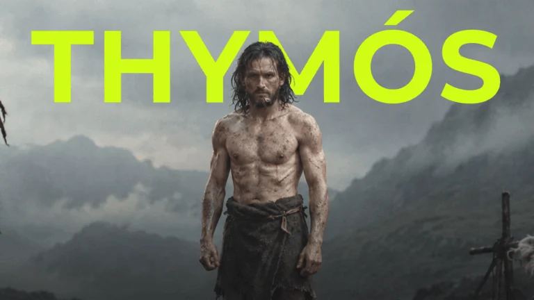 A rugged, shirtless warrior standing in a misty mountain landscape with the word THYMÓS displayed above