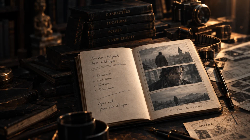 An open notebook with story notes and storyboard frames beside books, a story being developed into a film