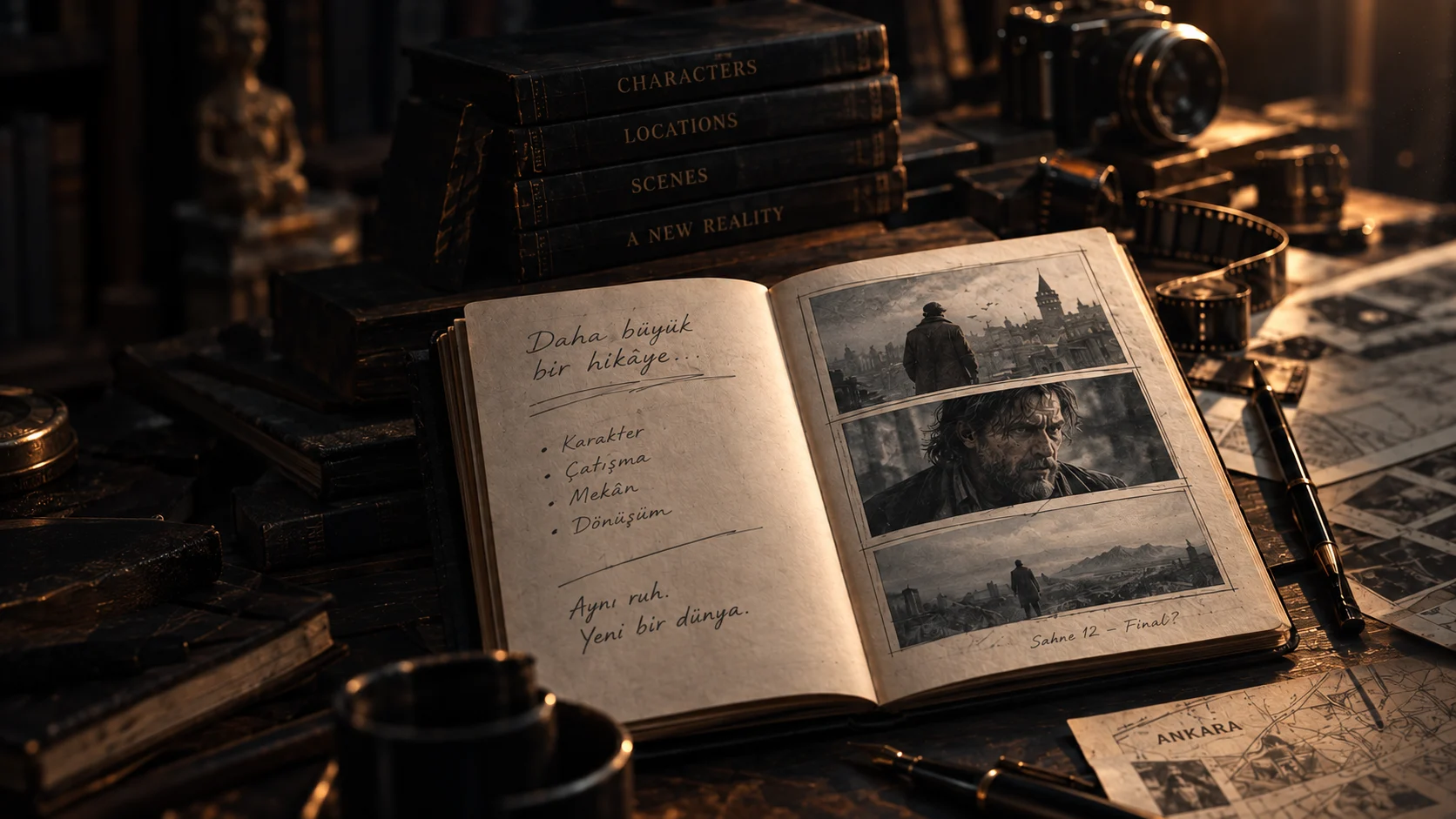 An open notebook with story notes and storyboard frames beside books labelled Characters, Locations and Scenes — a story being developed into a film