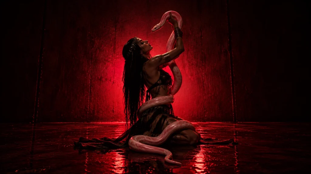 A woman in dark ornate attire kneels under dramatic red lighting, holding a large pink snake coiled around her body