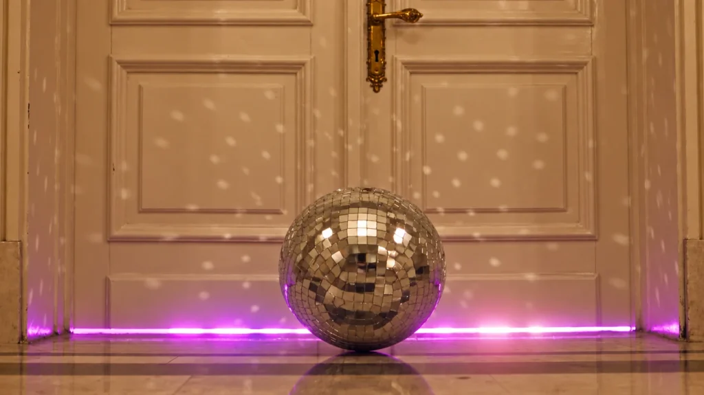 Deha Bilimlier AI Concert Film: disco ball waiting at a door in lilac light