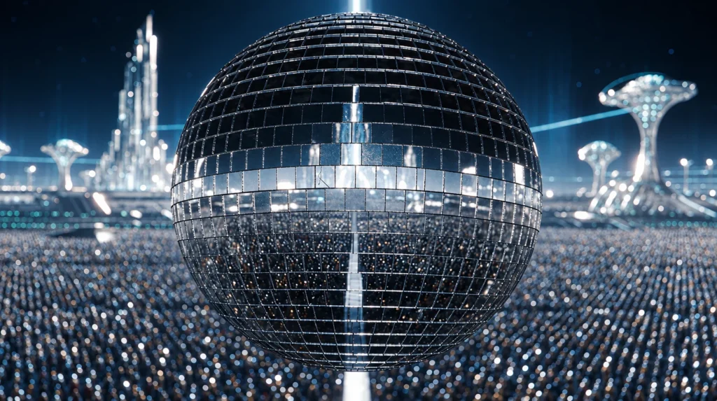 Deha Bilimlier AI Concert Film: giant disco ball over a crystal city