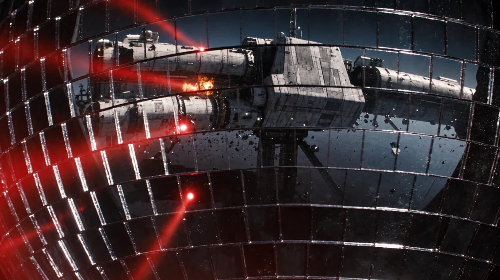 Deha Bilimlier AI Concert Film: spaceship reflected in the disco ball during the space collision
