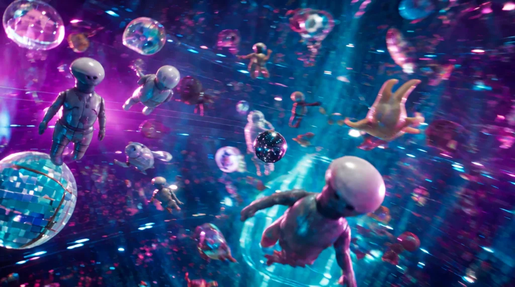 Deha Bilimlier AI Concert Film: cosmic dancers floating in a tunnel of light