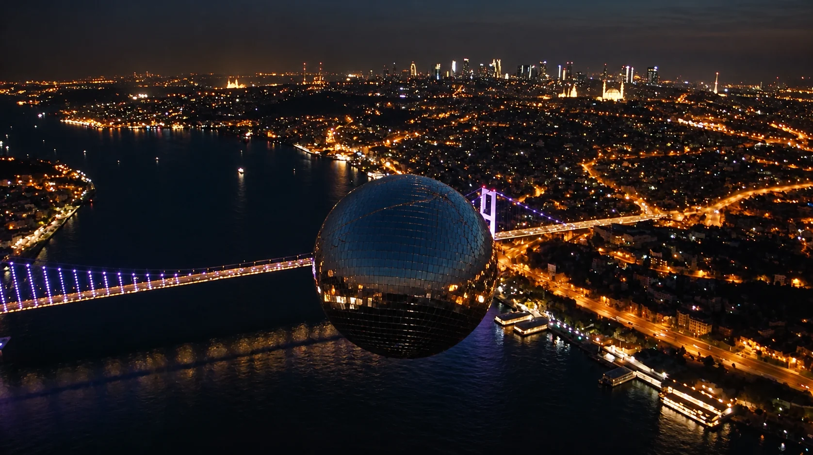 Deha Bilimlier AI Concert Film: disco ball over Istanbul and the Bosphorus Bridge at night