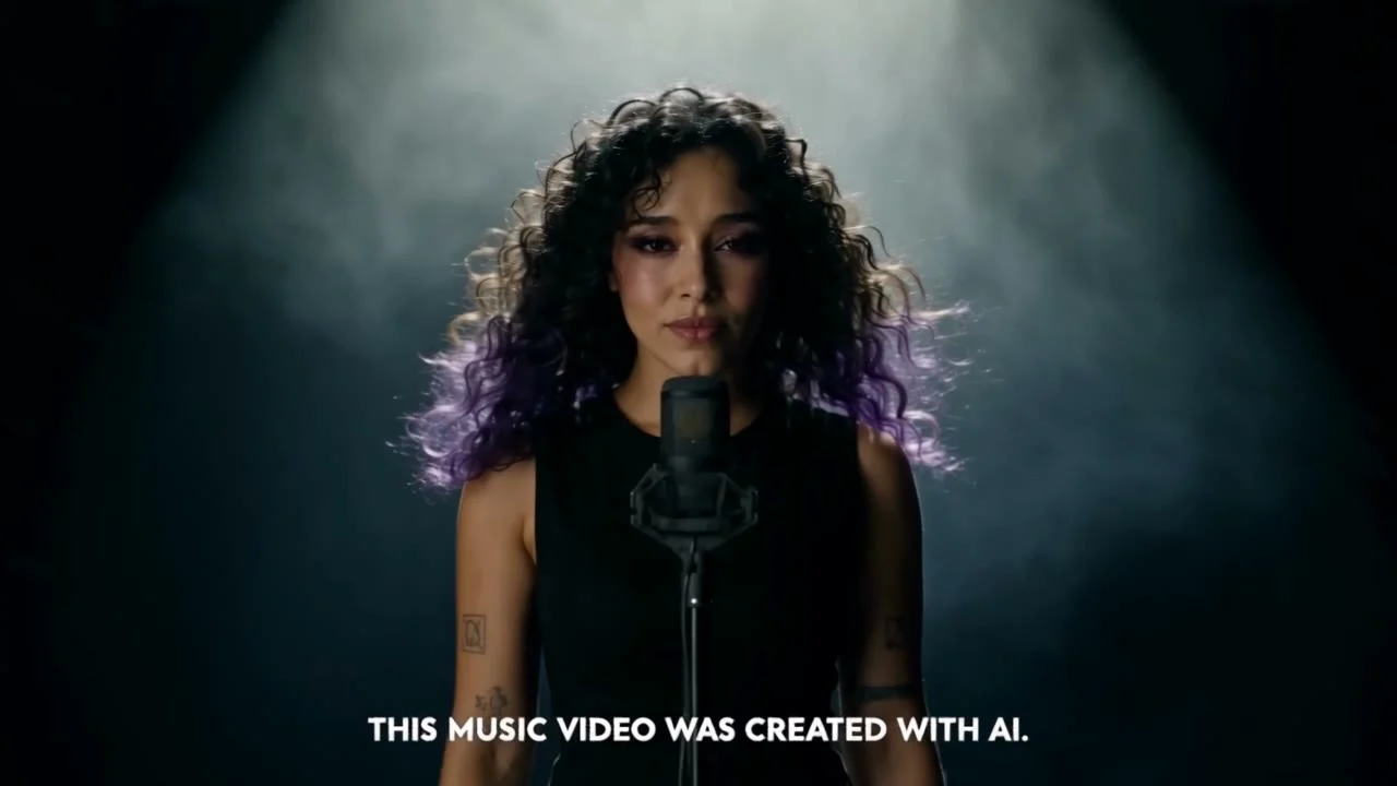 Singer at a microphone under a spotlight, a frame from Leopati’s AI-generated film on how an AI music video is made
