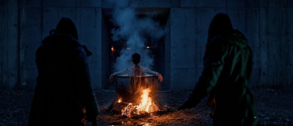 Poster for The Man in the Cauldron: a man in a steaming cauldron over an orange fire, with two dark visitors in the foreground.
