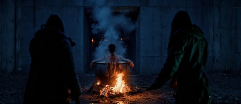 Poster for The Man in the Cauldron: a man in a steaming cauldron over an orange fire, with two dark visitors in the foreground.