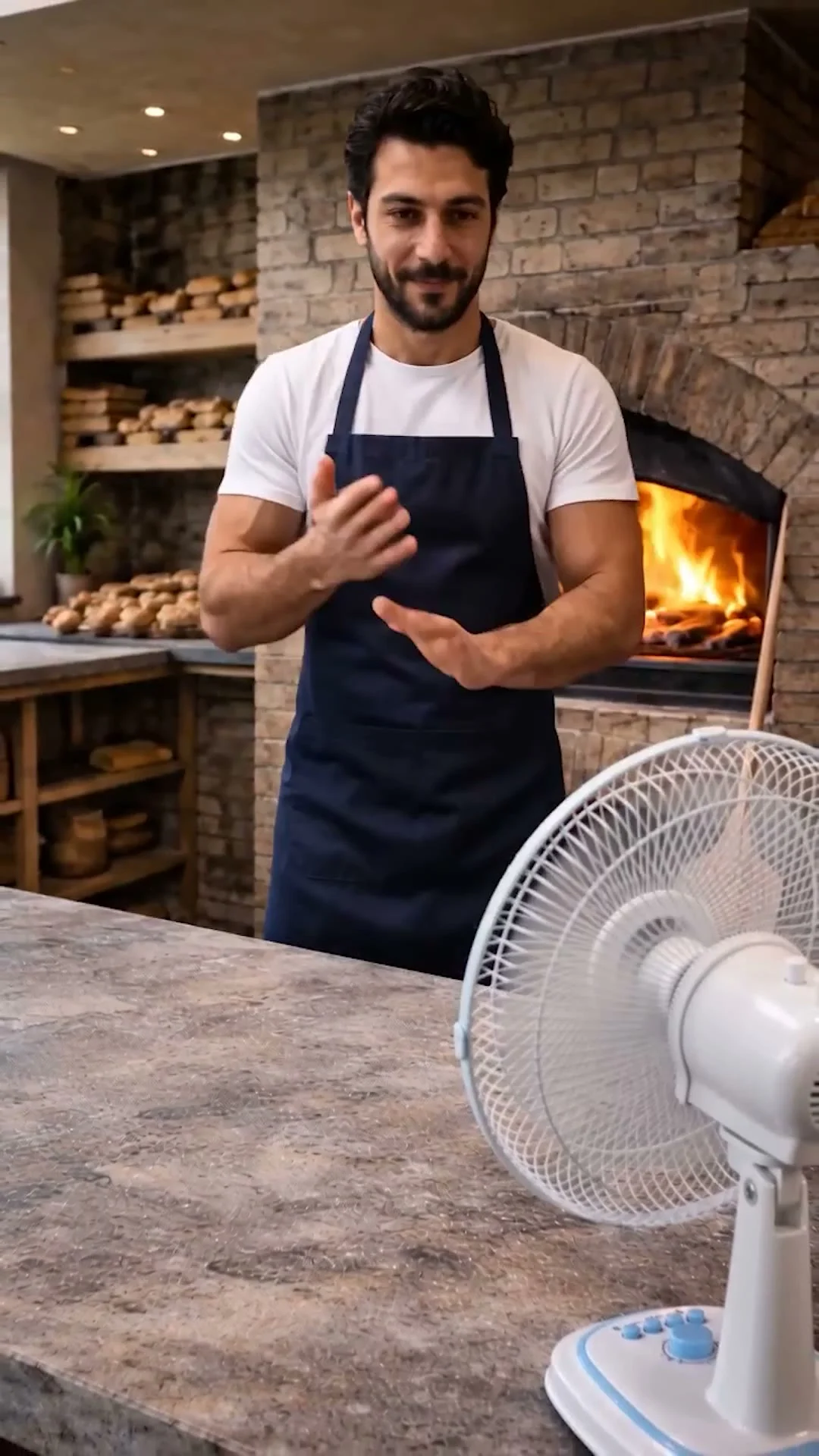 A baker in an apron beside a wood-fired oven, a Vanti fan on the counter: a frame from a Vanti social media commercial