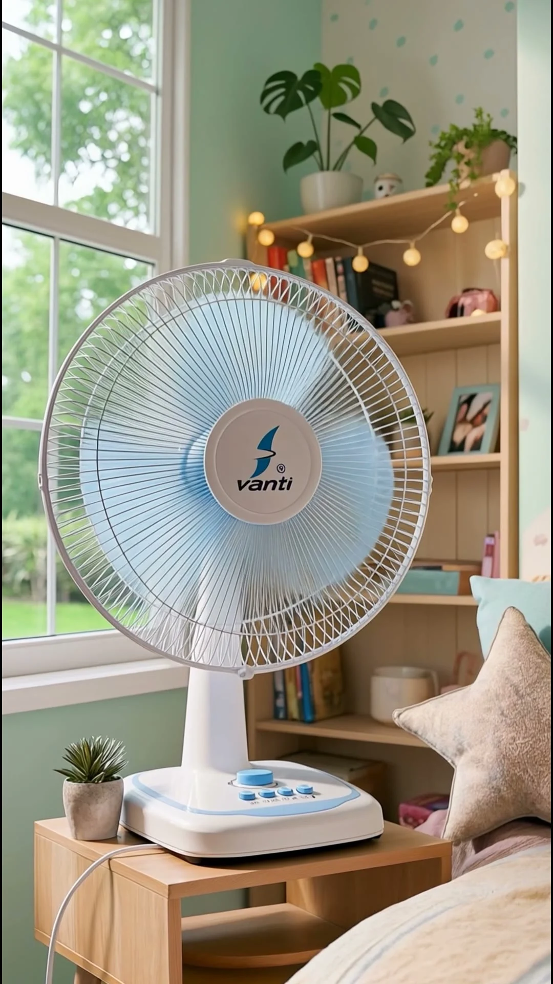 A Vanti table fan on a bedside table in a bright bedroom: a frame from a Vanti social media commercial